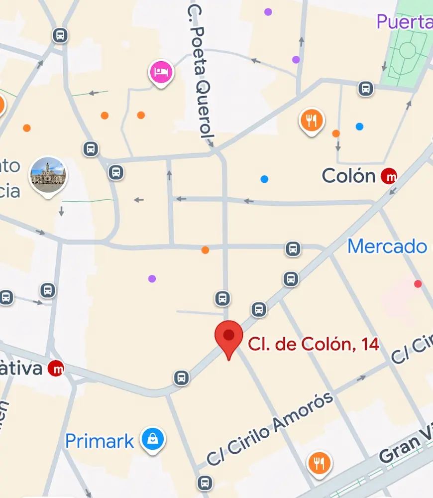 Mapa de ubicación del despacho Guardia Penal en Calle Colón 14 Valencia cerca de la Ciudad de la Justicia